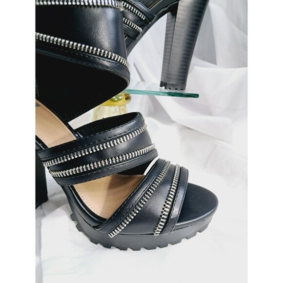 Report Gael Black Zipper Faux Leather Strappy Chunky Platform Heels  Size 5.5 - Picture 6 of 9
